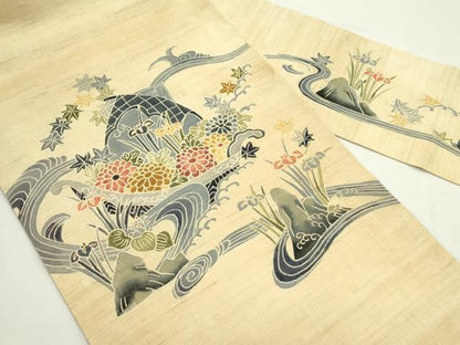 平和屋着物＊夏物　九寸名古屋帯　型染め　秋草文　麻　逸品　CABK6867rv