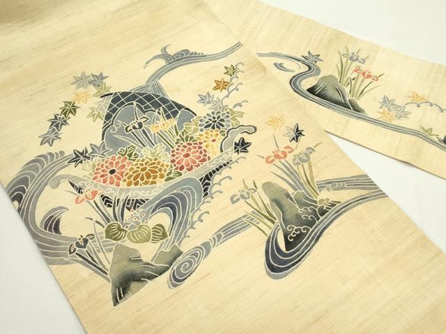 平和屋着物＊夏物　九寸名古屋帯　型染め　秋草文　麻　逸品　CABK6867rv