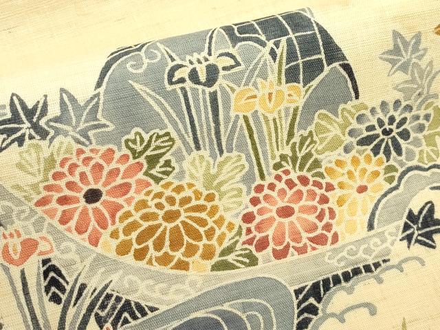 平和屋着物＊夏物　九寸名古屋帯　型染め　秋草文　麻　逸品　CABK6867rv