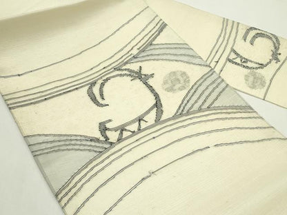 平和屋着物＊夏物　九寸名古屋帯　櫛織　抽象文　銀糸　正絹　逸品　未使用　CABK6870rv