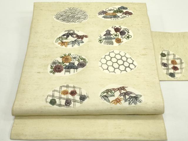 平和屋着物＊夏物　九寸名古屋帯　紬地　紅型　松竹梅風景丸文　正絹　逸品　CABK6892rv