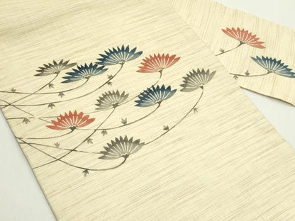平和屋着物＊夏物　九寸名古屋帯　型染め　草花文　麻　逸品　CABK6893rv
