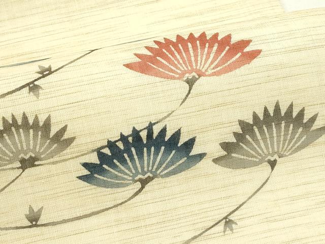 平和屋着物＊夏物　九寸名古屋帯　型染め　草花文　麻　逸品　CABK6893rv