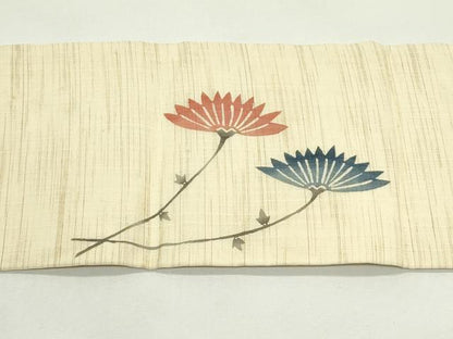 平和屋着物＊夏物　九寸名古屋帯　型染め　草花文　麻　逸品　CABK6893rv