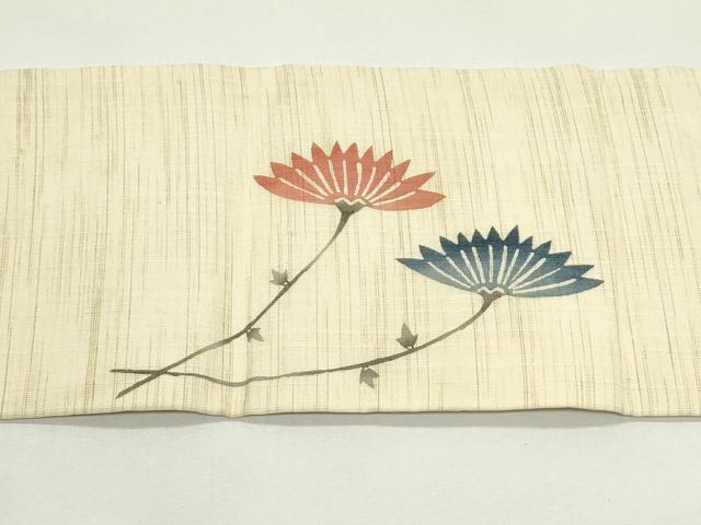 平和屋着物＊夏物　九寸名古屋帯　型染め　草花文　麻　逸品　CABK6893rv