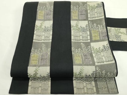 平和屋着物＊夏物　九寸名古屋帯　型染め　笹竹間道　黒地　正絹　逸品　CABK6895rv