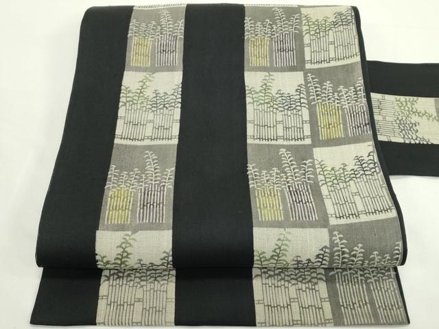 平和屋着物＊夏物　九寸名古屋帯　型染め　笹竹間道　黒地　正絹　逸品　CABK6895rv