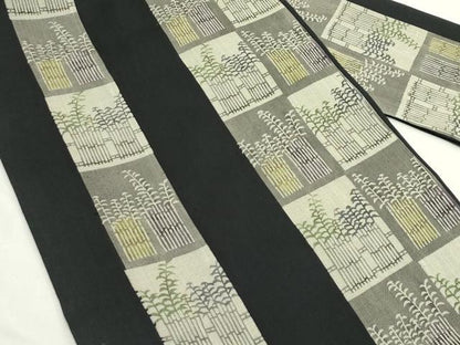 平和屋着物＊夏物　九寸名古屋帯　型染め　笹竹間道　黒地　正絹　逸品　CABK6895rv
