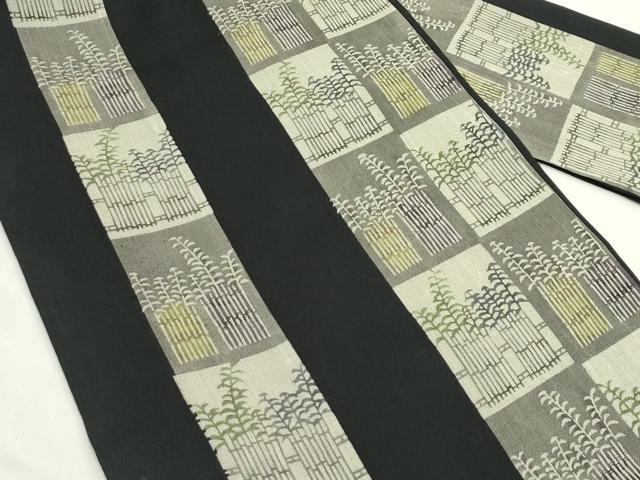 平和屋着物＊夏物　九寸名古屋帯　型染め　笹竹間道　黒地　正絹　逸品　CABK6895rv