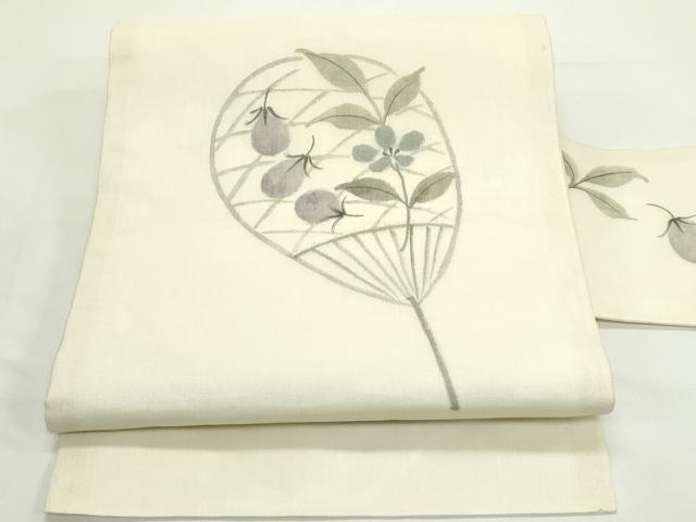 平和屋着物＊夏物　九寸名古屋帯　手描き　成り物　茄子　団扇　正絹　逸品　CABK6896rv
