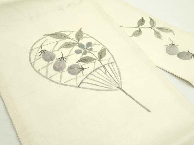 平和屋着物＊夏物　九寸名古屋帯　手描き　成り物　茄子　団扇　正絹　逸品　CABK6896rv