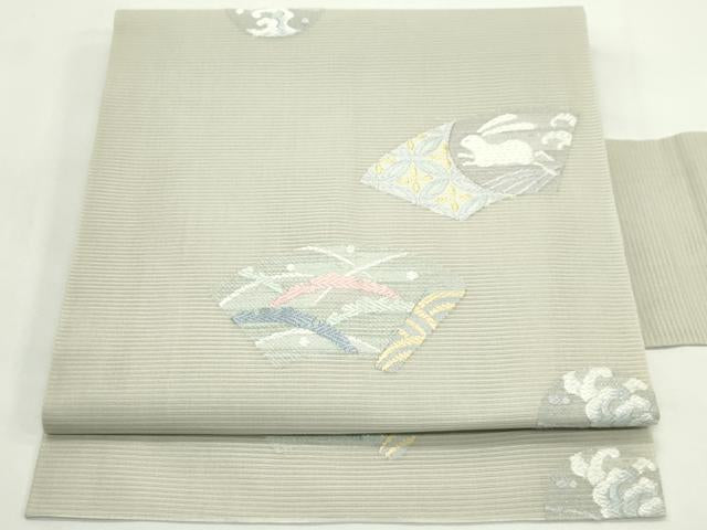 平和屋着物＊夏物　九寸名古屋帯　唐織　地紙雪芝兎文　銀糸　正絹　逸品　CABK6898rv