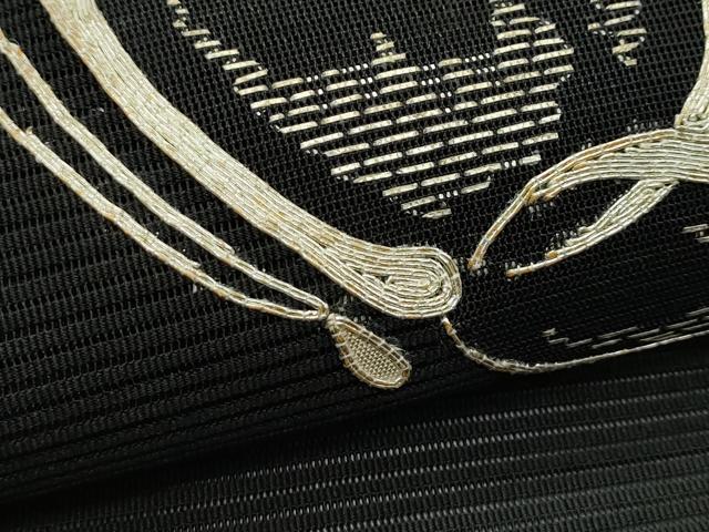 平和屋着物＊夏物　八寸名古屋帯　絽綴れ　駒刺繍　舞蝶文　黒地　銀糸　正絹　逸品　CABK6903rv
