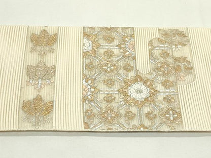 平和屋着物＊夏物　つけ帯　絽綴れ　絽刺し　区限刺繍　エ霞草花文　金銀糸　正絹　逸品　CABK6912rv