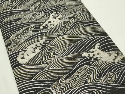 平和屋着物＊夏物　九寸名古屋帯　立波文　黒地　金銀糸　正絹　逸品　CABK6936rv