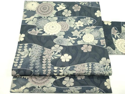 平和屋着物＊夏物　全通柄　九寸名古屋帯　流水草花文　正絹　逸品　未使用　CABK6938rv