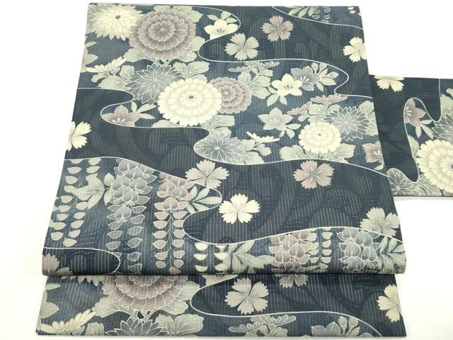 平和屋着物＊夏物　全通柄　九寸名古屋帯　流水草花文　正絹　逸品　未使用　CABK6938rv