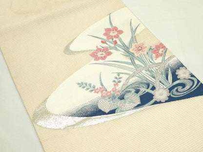 平和屋着物＊夏物　九寸開き名古屋帯　流水草花文　銀糸　正絹　逸品　CABK6940rv