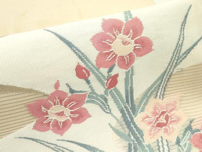 平和屋着物＊夏物　九寸開き名古屋帯　流水草花文　銀糸　正絹　逸品　CABK6940rv