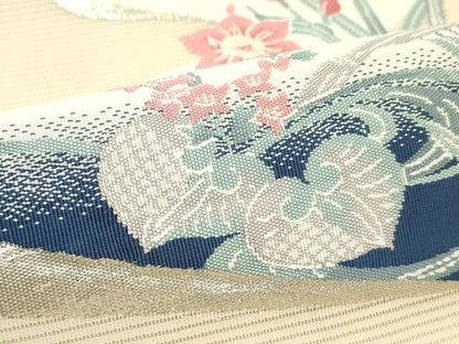 平和屋着物＊夏物　九寸開き名古屋帯　流水草花文　銀糸　正絹　逸品　CABK6940rv