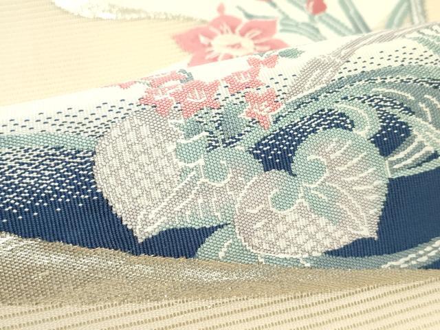 平和屋着物＊夏物　九寸開き名古屋帯　流水草花文　銀糸　正絹　逸品　CABK6940rv