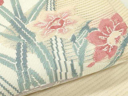 平和屋着物＊夏物　九寸開き名古屋帯　流水草花文　銀糸　正絹　逸品　CABK6940rv