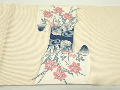 平和屋着物＊夏物　九寸開き名古屋帯　流水草花文　銀糸　正絹　逸品　CABK6940rv