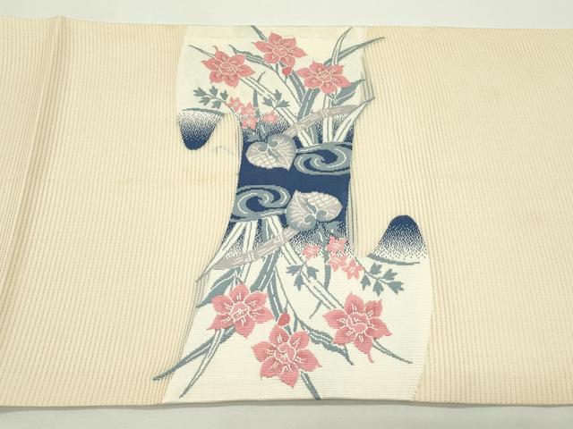 平和屋着物＊夏物　九寸開き名古屋帯　流水草花文　銀糸　正絹　逸品　CABK6940rv