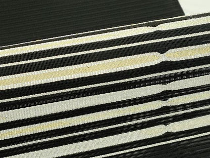 平和屋着物＊夏物　八寸名古屋帯　絽綴れ　横段文　黒地　金銀糸　正絹　逸品　未使用　CABK6970rv
