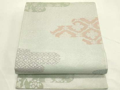 平和屋着物＊夏物　六通柄袋帯　エ霞草花文　銀糸　正絹　逸品　CABK6976rv
