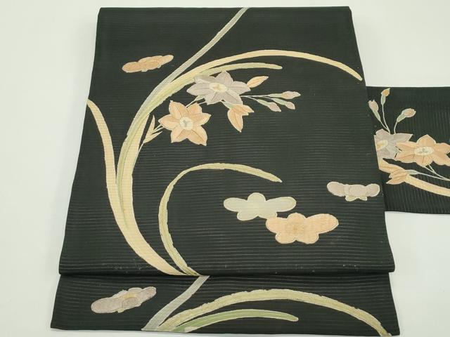 平和屋着物＊夏物　アンティーク　大正ロマン　九寸名古屋帯　刺繍　草花文　黒地　金糸　正絹　逸品　CABK6990rv