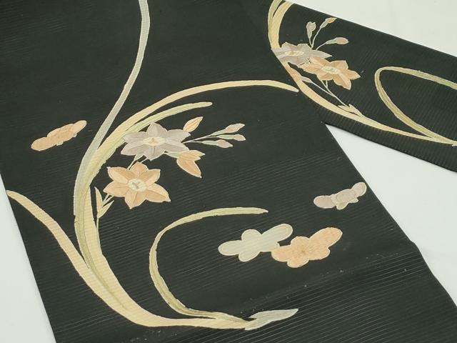 平和屋着物＊夏物　アンティーク　大正ロマン　九寸名古屋帯　刺繍　草花文　黒地　金糸　正絹　逸品　CABK6990rv