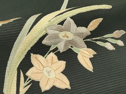 平和屋着物＊夏物　アンティーク　大正ロマン　九寸名古屋帯　刺繍　草花文　黒地　金糸　正絹　逸品　CABK6990rv