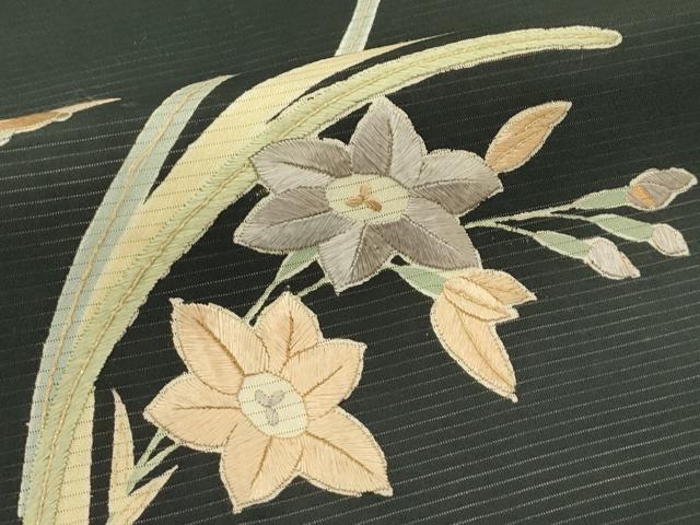 平和屋着物＊夏物　アンティーク　大正ロマン　九寸名古屋帯　刺繍　草花文　黒地　金糸　正絹　逸品　CABK6990rv
