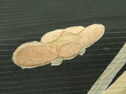 平和屋着物＊夏物　アンティーク　大正ロマン　九寸名古屋帯　刺繍　草花文　黒地　金糸　正絹　逸品　CABK6990rv