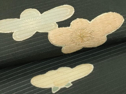 平和屋着物＊夏物　アンティーク　大正ロマン　九寸名古屋帯　刺繍　草花文　黒地　金糸　正絹　逸品　CABK6990rv