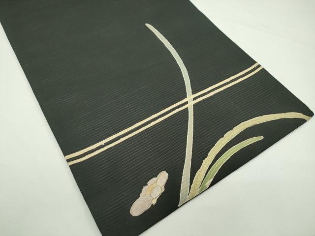 平和屋着物＊夏物　アンティーク　大正ロマン　九寸名古屋帯　刺繍　草花文　黒地　金糸　正絹　逸品　CABK6990rv