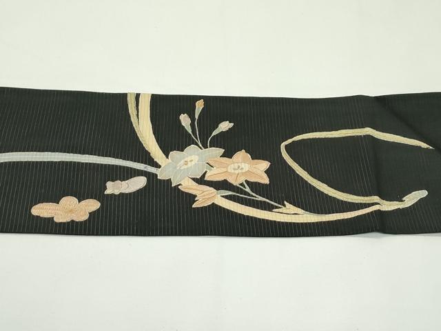 平和屋着物＊夏物　アンティーク　大正ロマン　九寸名古屋帯　刺繍　草花文　黒地　金糸　正絹　逸品　CABK6990rv