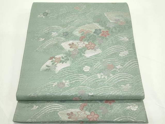 平和屋着物＊夏物　六通柄袋帯　立波地紙秋草文　銀糸　正絹　逸品　CABK7005rv