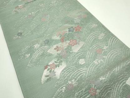 平和屋着物＊夏物　六通柄袋帯　立波地紙秋草文　銀糸　正絹　逸品　CABK7005rv