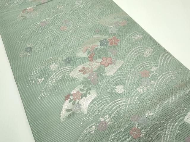 平和屋着物＊夏物　六通柄袋帯　立波地紙秋草文　銀糸　正絹　逸品　CABK7005rv