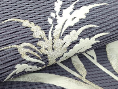 平和屋着物＊夏物　八寸名古屋帯　総刺繍　絽綴れ　草木文　銀糸　正絹　逸品　CABK7007rv