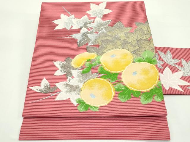 平和屋着物＊夏物　八寸名古屋帯　絽綴れ　万寿菊　楓　金銀糸　正絹　逸品　未使用　CABK7039rv