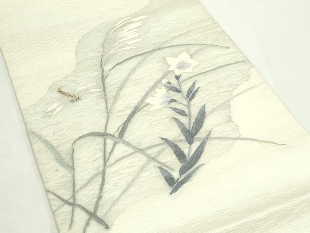 平和屋着物＊夏物　太鼓柄袋帯　すくい織　草花文　トンボ　正絹　逸品　CABK7062rv