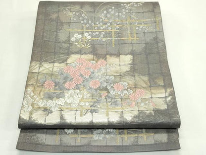 平和屋着物＊夏物　六通柄袋帯　秋草文　金糸　正絹　逸品　CABK7063rv