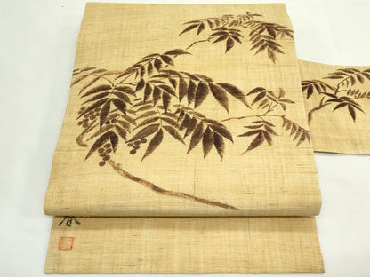 平和屋着物＊夏物　九寸名古屋帯　作家物　手描き　南天文　麻　逸品　CABK7068rv