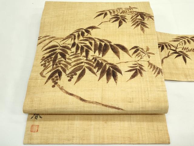 平和屋着物＊夏物　九寸名古屋帯　作家物　手描き　南天文　麻　逸品　CABK7068rv