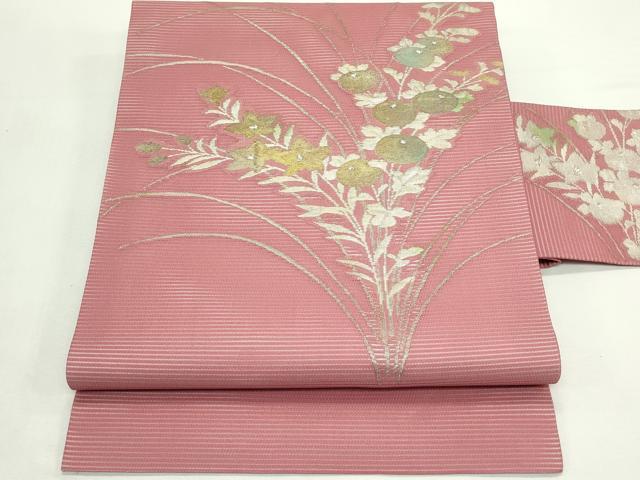 平和屋着物＊夏物　九寸名古屋帯　秋草文　銀糸　逸品　CABK7069rv