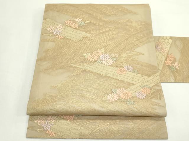 平和屋着物＊夏物　九寸名古屋帯　唐織　菊　楓　筏文　金糸　正絹　逸品　CABK7070rv