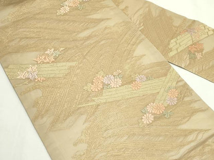 平和屋着物＊夏物　九寸名古屋帯　唐織　菊　楓　筏文　金糸　正絹　逸品　CABK7070rv